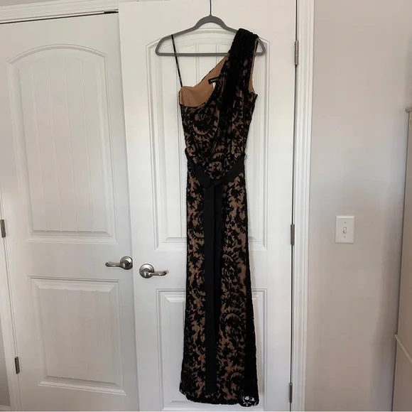 Tadashi Shoji Black Lace One-Shoulder Evening Gown with Nude Lining - Picture 1 of 6